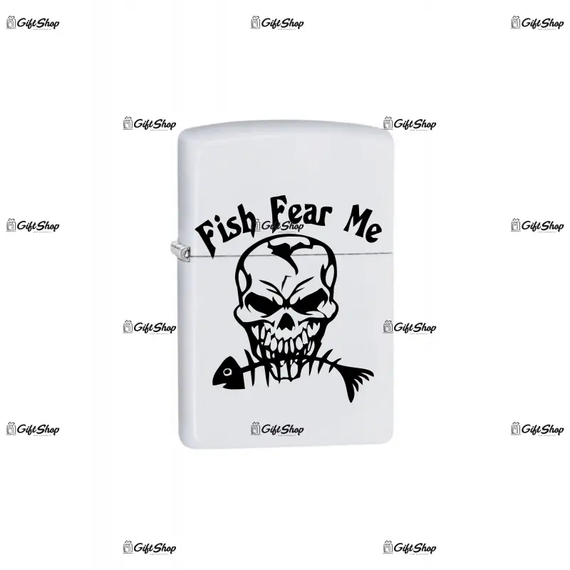 Fish fear me, bricheta metalica gravata laser cu mesaj